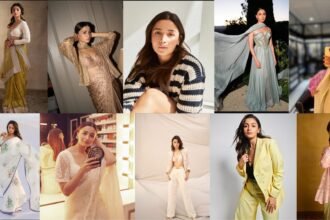 Collage of Alia Bhatt wearing various minimalist outfits, including co-ords, kurtas, and sarees, reflecting her simple and elegant fashion style.