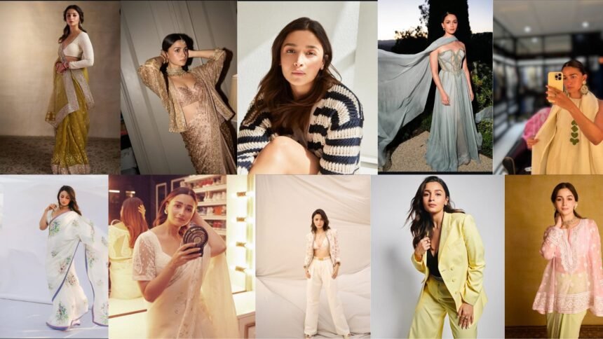 Collage of Alia Bhatt wearing various minimalist outfits, including co-ords, kurtas, and sarees, reflecting her simple and elegant fashion style.