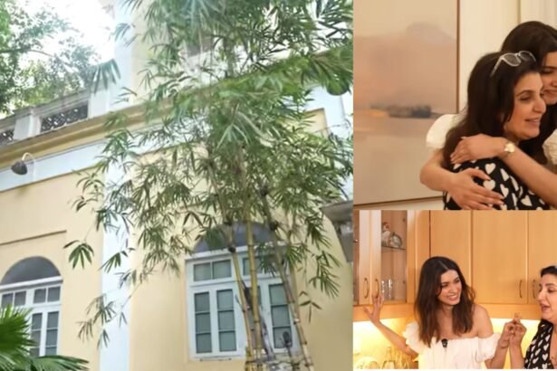 Diana Penty standing inside her 100-year-old family home in Mumbai, featuring vintage furniture and classic decor from Farah Khan’s YouTube video.
