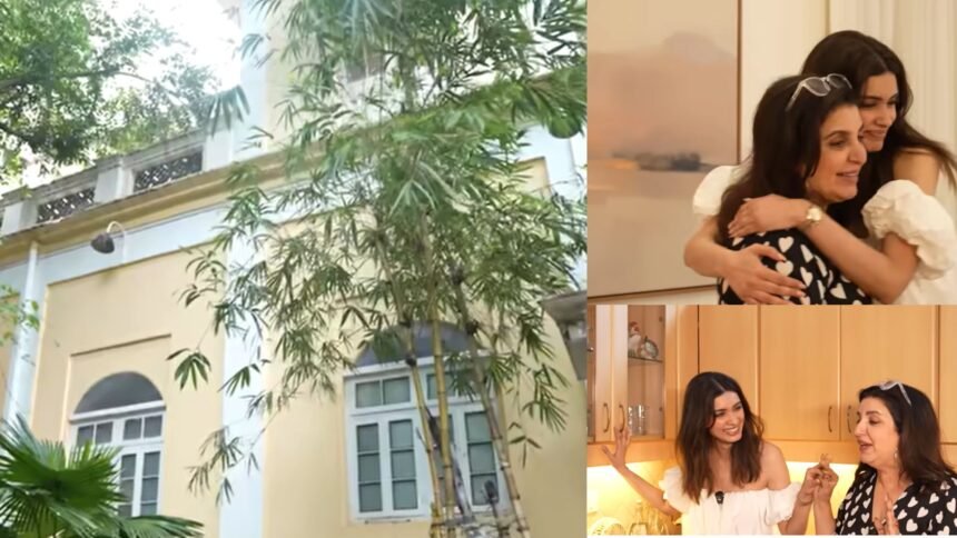 Diana Penty standing inside her 100-year-old family home in Mumbai, featuring vintage furniture and classic decor from Farah Khan’s YouTube video.