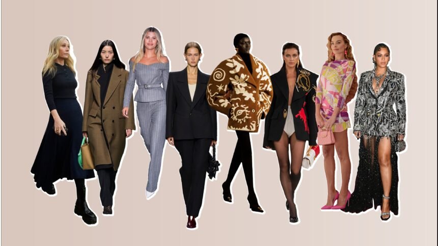 Models representing 2026 fashion trends with a mix of quiet luxury and loud fashion styles showing individuality and freedom.