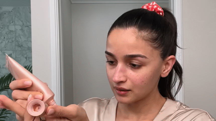 Alia Bhatt following her skincare and makeup routine from her 2023 Vogue Beauty Secrets video