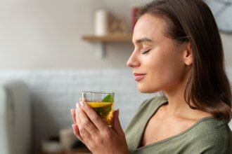 Woman drinking green tea