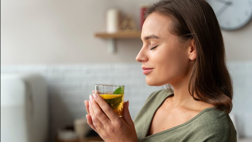 Woman drinking green tea