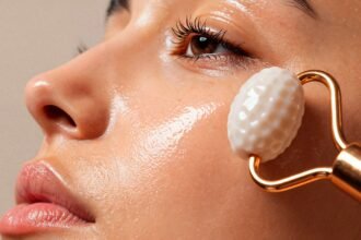 A woman practicing minimal skincare using a jade face roller for a natural glow and healthy skin routine in 2026.