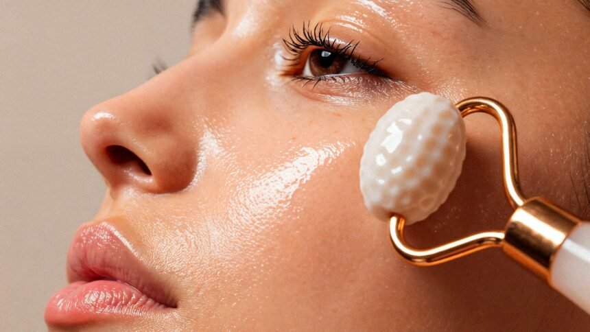 A woman practicing minimal skincare using a jade face roller for a natural glow and healthy skin routine in 2026.