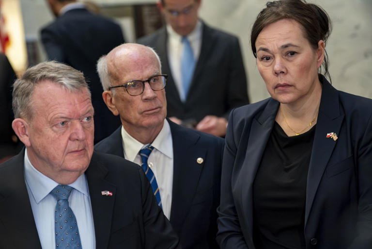 Minister for Foreign Affairs of Denmark Lars Lokke Rasmussen, left, and Greenland Minister of Foreign Affairs Vivian Motzfeldt speak to the media following a meeting with members of the Senate Arctic Caucus in Washington, D.C., on Wednesday. Several NATO countries have announced sending troops to Greenland.
© Bonnie Cash/UPI