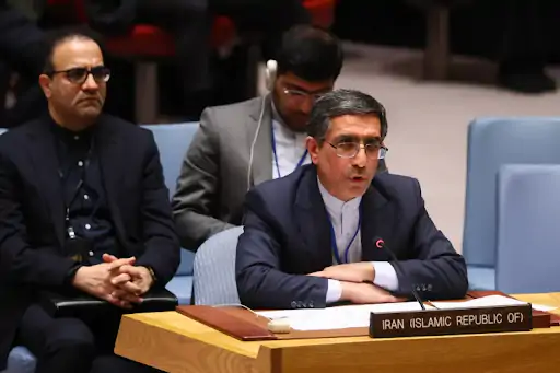 Iran's Ambassador and Deputy Permanent Representative to the United Nations, Gholam Hossein Darzi, speaks during a United Nations Security Council meeting in New York City, USA, on Thursday.